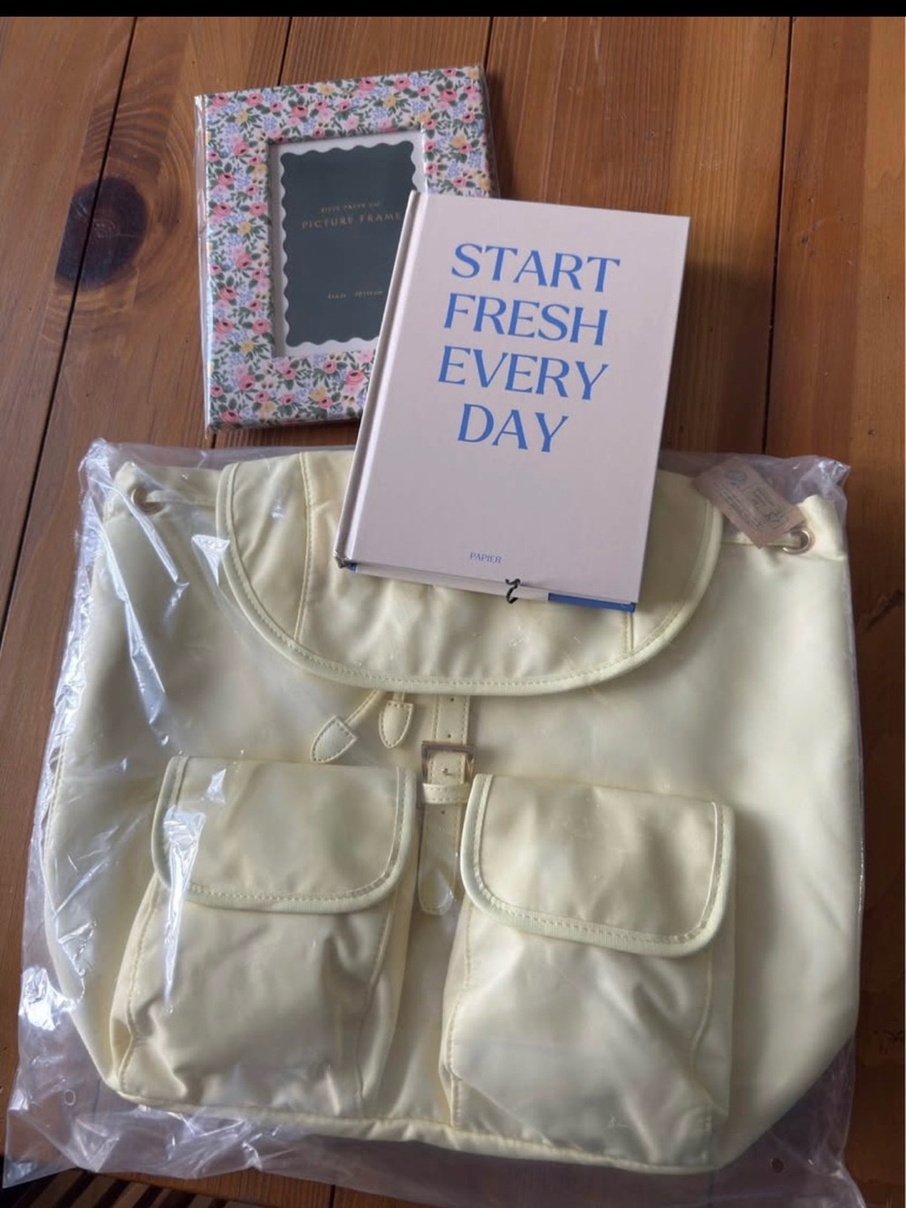 Fab fit fun box - soft yellow backpack, note book and picture frame